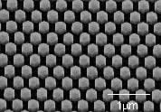 SEM image of triangular-lattice photonic crystal with hexagonal pillars formed by selective area MOVPE growth